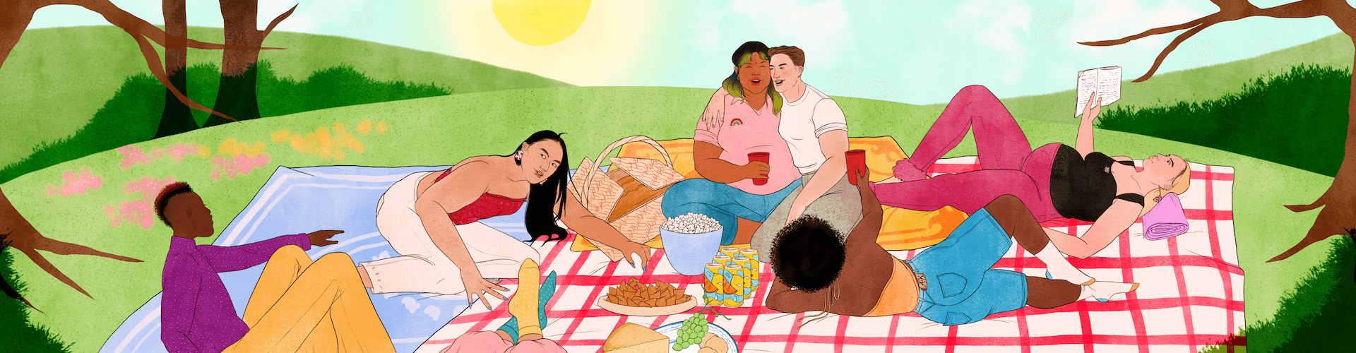 An illustration of a group of LGBTQ+ young people outside in a park, having a picnic together. The group are thinking about the future and discussing their next steps.  