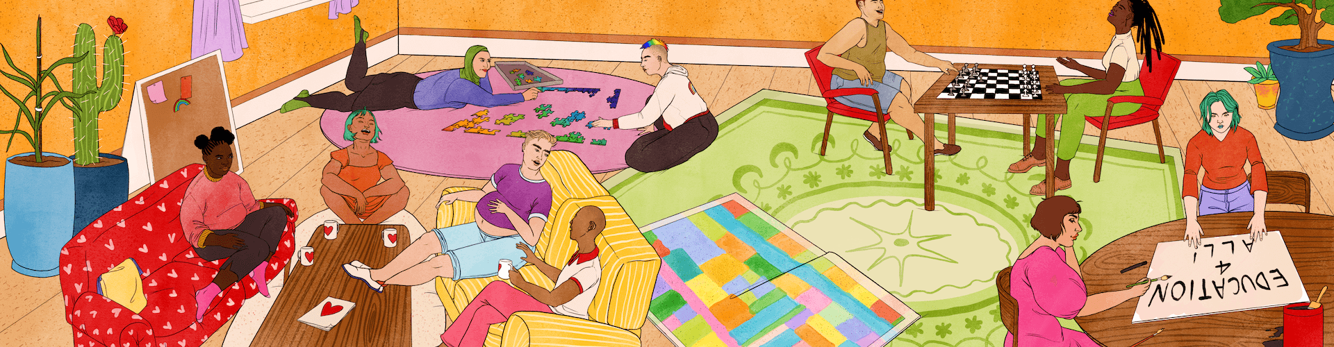An illustration of a group of LGBTQ+ young people in a shared space in a community centre. Some of them are sitting on a sofa together, others are playing board games together, and some are creating materials for campaigning.  
