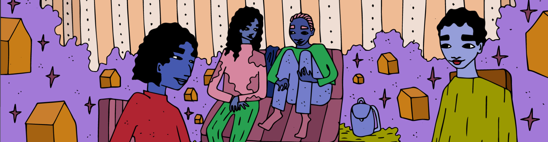 A colourful illustration of four LGBTQ+ young people sitting in a living room and chatting. They have different gender expressions. One of them has their backpack next to the couch, and seems to have taken refuge within the group in a safe space. 