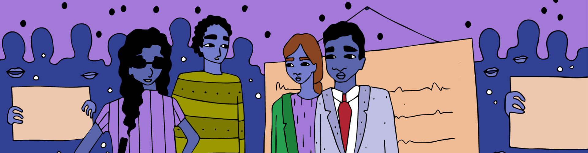 A colourful illustration of two LGBTQ+ employees discussing their rights with their employers. One of the employees is blind and has a mobility cane.